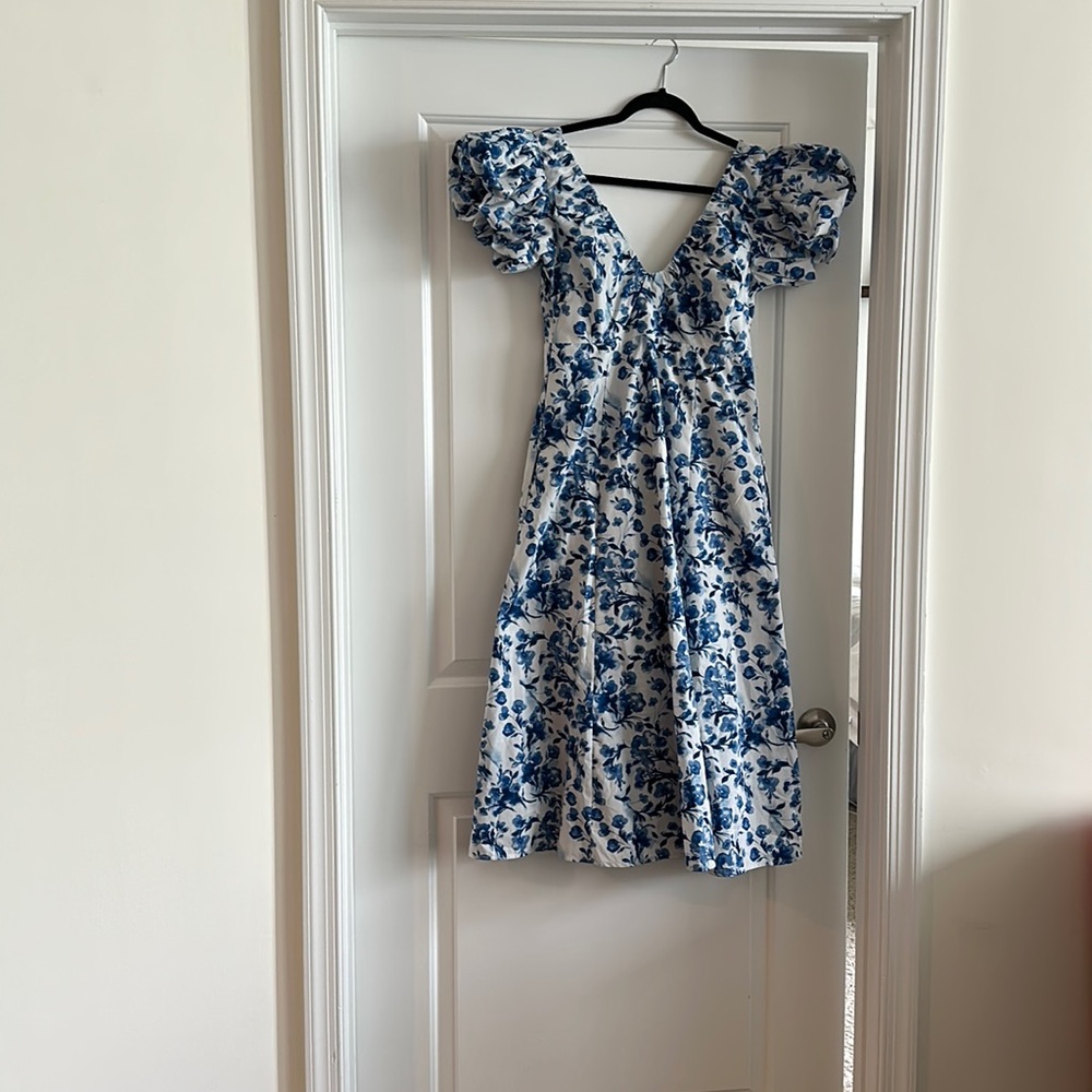 Blue floral Puff Sleeve Plunge Midi